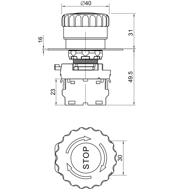 Núdzové tlačidlo, podsvetlené, s aretáciou, červené