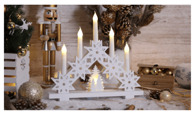 LED vianočné sviečky, hviezda, biela, drevená, 2xAA, 5LED,3000K 6x18h Timer
