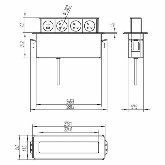 Výsuvný blok zásuviek, 3 zásuvky+USBA+C, strieborný