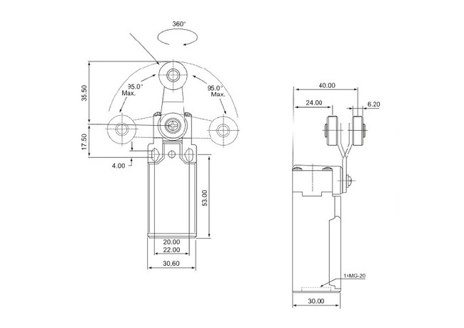 Spínač koncový TRACON s bočnou pákovou kladkou
