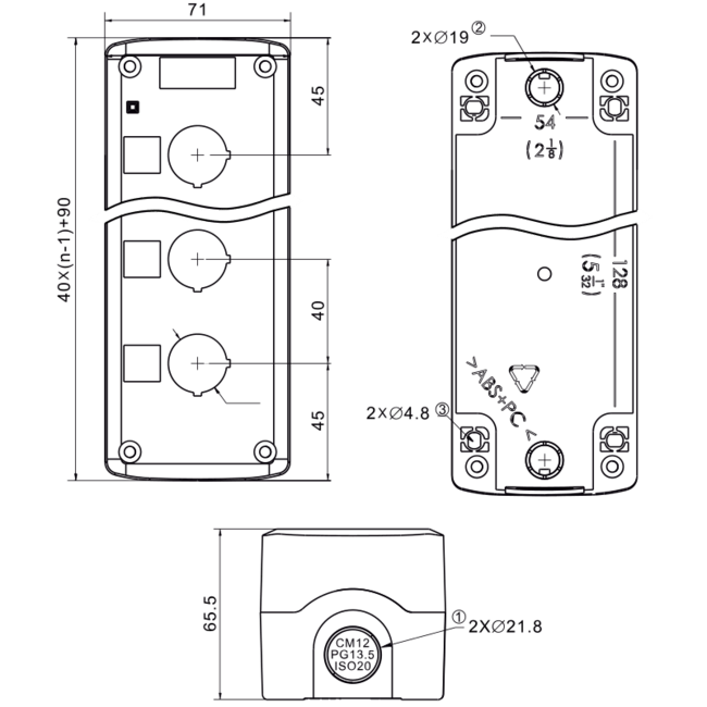 Krabicová zostava k tlačidlám,sivá, 4, IP65