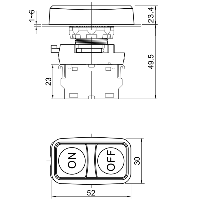 Dvojtlačidlo, I-O, zelené a červené, 5A/230V,IP65
