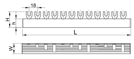 Prepojovacia lišta 1P. 63A. vidlicová, 12-modulová, 215mm