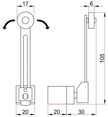 Spínač koncový TRACON s bočnou kladkou a nastaviteľnou dĺžkou páky 1×NO+1×NC, 5A/250V AC