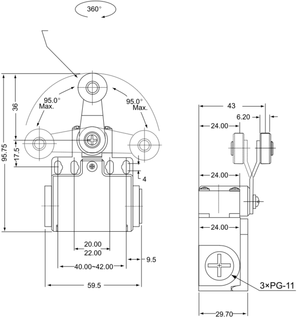 Spínač koncový TRACON s bočnou pákovou kladkou