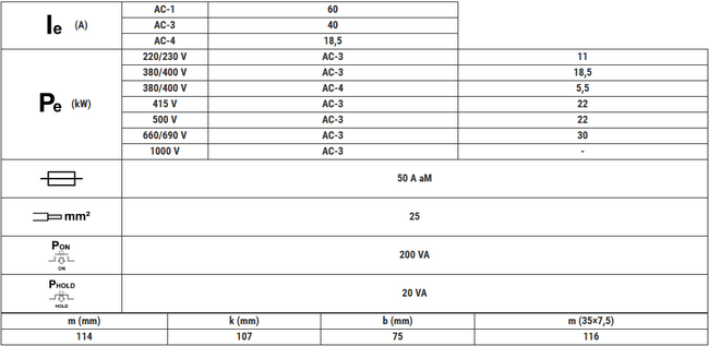 Stýkač TRACON 660V, 50Hz, 40A, 18,5kW, 48V AC, 3×NO+(1×NO+1×NC)