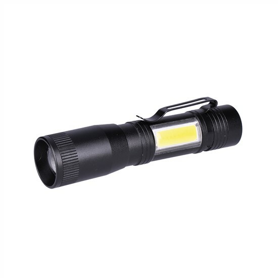 Lampa ručná kovová LED 3W+COB, 150+60lm, AA, čierna