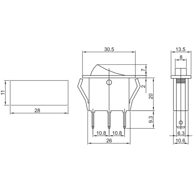 Vypínač kolískový 250V, ON-OFF,červený-podsvetlený