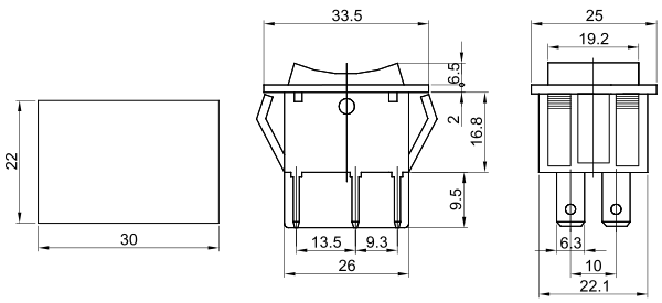 Vypínač kolískový 250V, 2-pol.