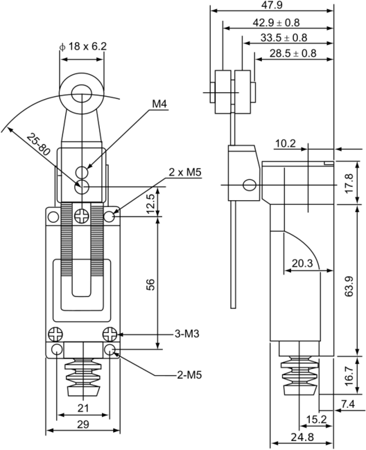 Spínač koncový TRACON s bočnou kladkou a nastaviteľnou dĺžkou páky 1×NO+1×NC, 5A/250V AC