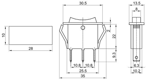 Vypínač kolískový 250V, 3-pol.