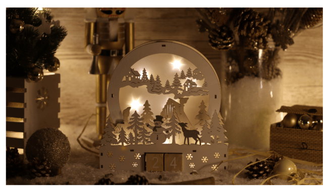 LED vian.drevený adventný kalendár, 2xAA, Timer 6+18h, 8LED, 3000K