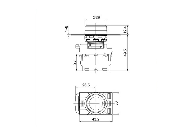 Tlačidlo s popisom, čierne, (biela šípka) 5A/230V