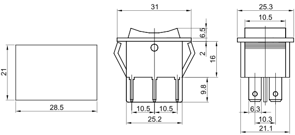 Vypínač kolískový 250V, 3-pol. červený