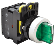 Spínač otočný 3 polohový 5A/230V, IP65, podsvietený, zelená LED, 1×NO+1×NC